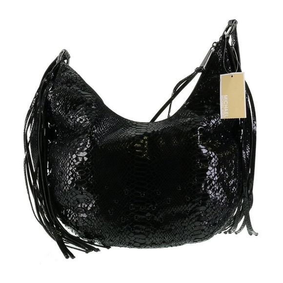 Michael Kors Medium Rhea Crystal Black Slouchy Shoulder Patent Python Black Bag - Picture 6 of 7